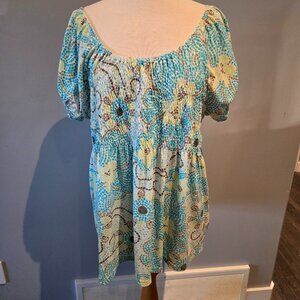 Penningtons Women’s Floral Mosaic Smocked Blouse | Size 1X | Blue Multi